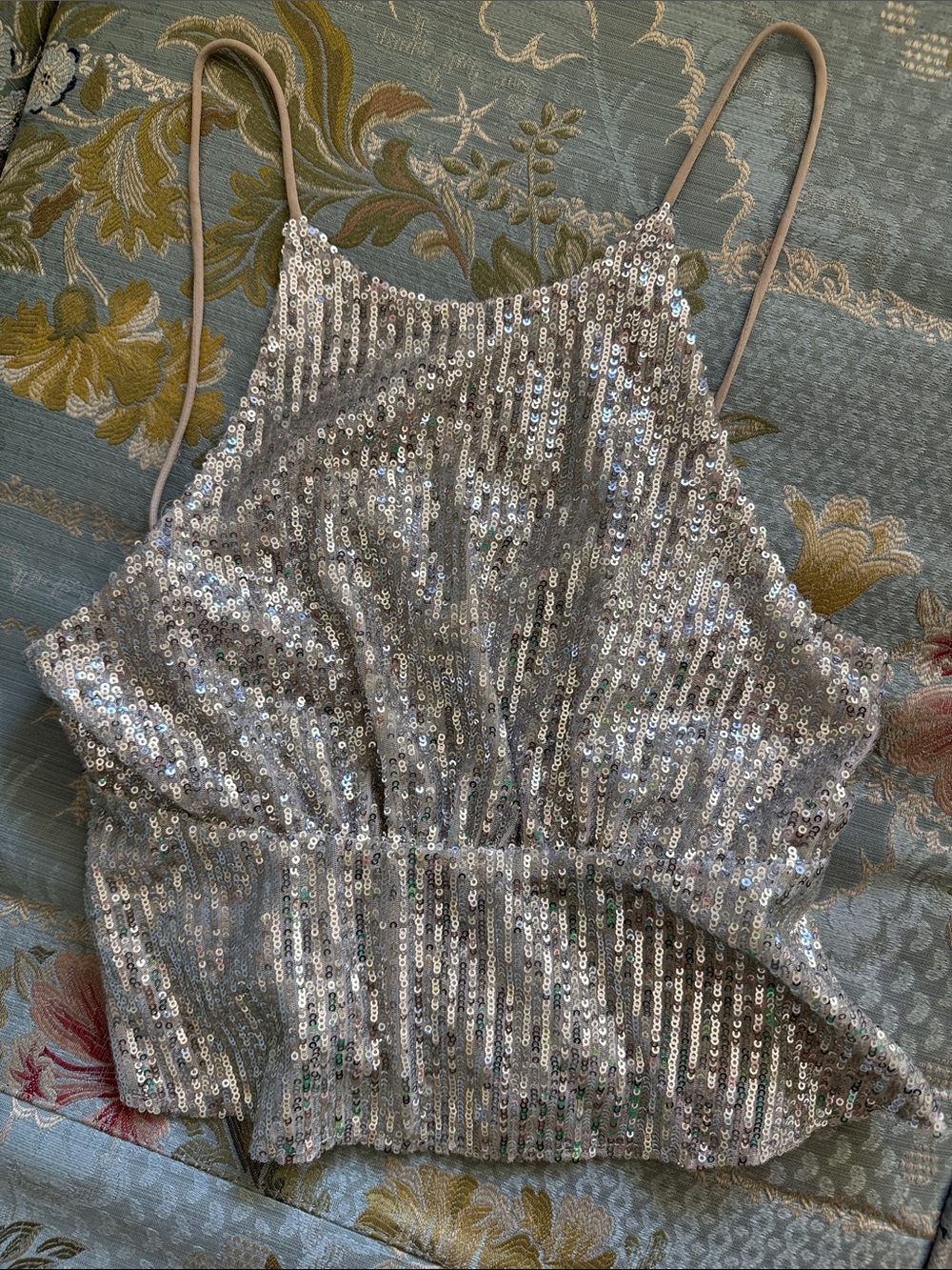 Zara Silver Sequin Bandeau Cropped Halter Top